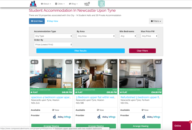 Compare Student Rooms: Search Results